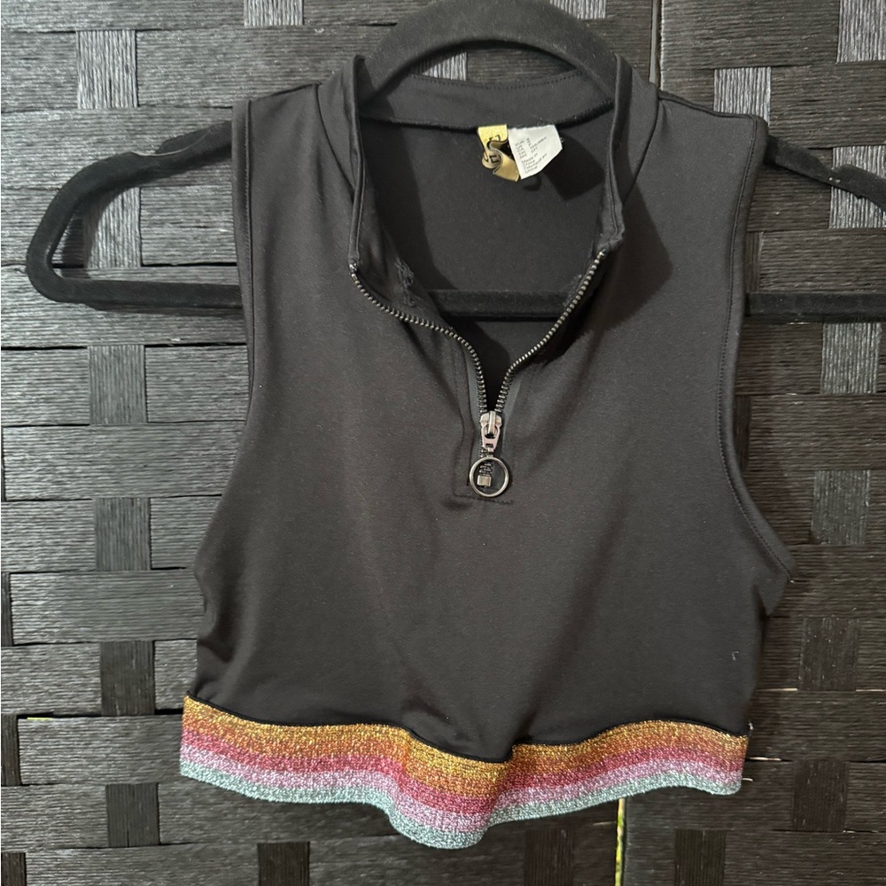 Divided Black Crop Top With Multi Color Trim